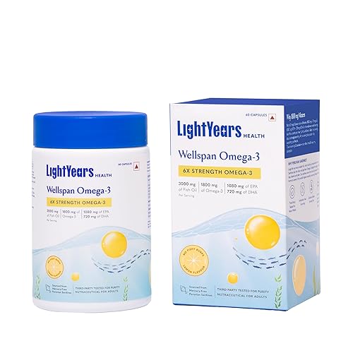 LightYears Wellspan Omega 3 Fish Oil Capsules | 6X Strength | 3000 mg Fish Oil with 1800 mg EPA DHA for Men & Women | Mercury-Free | Lemon Flavoured for No Fishy Burps | 3rd Party Tested | 60 Capsules