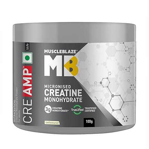 MuscleBlaze Micronised Creatine Monohydrate CreAMP Powder, Unflavoured (32 Servings, 100g) | Pack of 2 | Trustified Certified Creatine