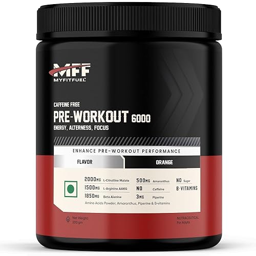 MyFitFuel Pre Workout 6000 (Caffeine Free) (200gm, Orange) (3500mg L-Citrulline Malate+L-Arginine AAKG), 1850mg Beta Alanine, Amaranthus, Vit. B, Fast Absorption Tingling Effect Pre Workout Supplement