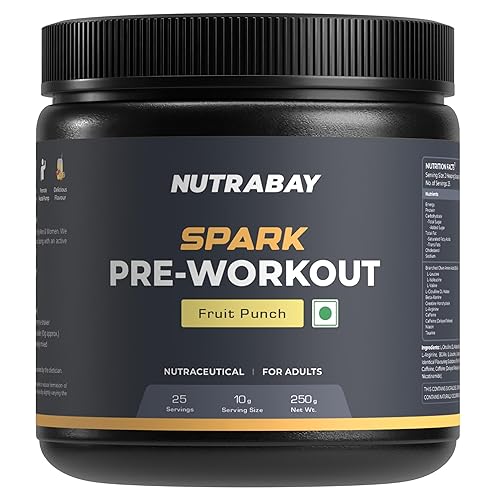 Nutrabay Gold Spark Pre Workout Supplement Powder 300mg Caffeine, 1000mg L-Arginine, 3000mg Beta Alanine, 2500mg Citrulline Malate per Serving – Muscle Pump & Performance – 250g, Fruit Punch