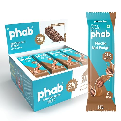 Phab Mocha Nut Fudge Protein Bar with 21g Protein, 8g High Fibre & 0 Added Sugar 100% Vegetarian | Healthy & Tasty Protein bars | Trans Fat-Free & No Preservatives Protein bars (Pack of 12 x 65g)