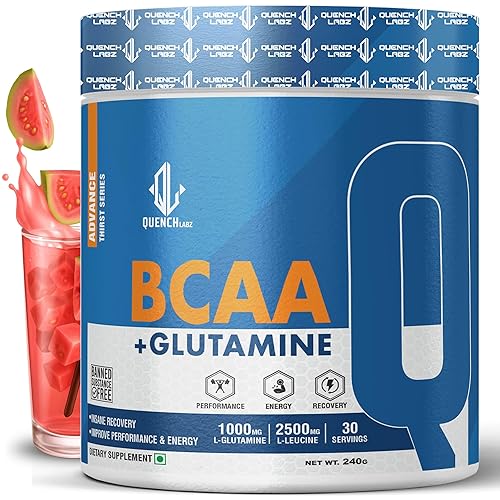 QUENCHLABZ BCAA + Glutamine Guava 240g | Branched-Chain Amino Acids Supplement | Muscle Recovery & Workout Performance | Sugar-Free, Keto-Friendly, Vegan | Pre & Post-Workout BCAA Powder