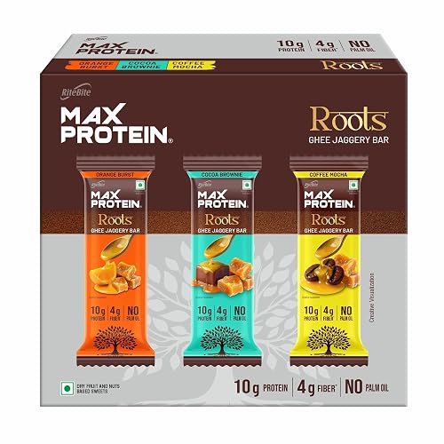 RiteBite Max Protein Roots Assorted 10g Protein Bars (Pack of 6) | Made with Ghee & Jaggery | 4g Fiber | No Palm Oil | (270g)