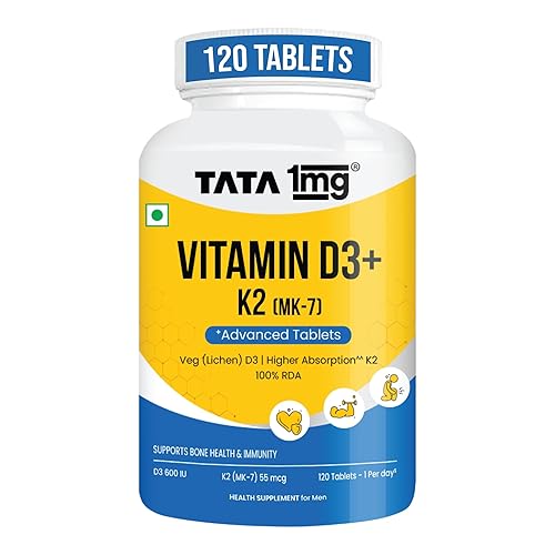 Tata 1mg Vitamin D3 + K2 (MK-7) | Supports Stronger Bones, Immunity & Calcium Absorption | 600 IU Vitamin D3 + 55 mcg K2 | Lichen Sourced, 100% Veg (120 Tablets)