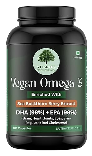VITAL LIFE Omega 3 Supplement - Vegan Omega 3 Vegetarian Capsules with 98% DHA & EPA, Sea Buckthorn Berry, Algal DHA & Flaxseed extract - 60 Caps for Heart, Brain, Joint & Skin Health