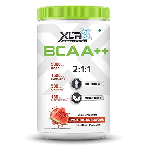 XLR8 BCAA++ Powder Supplement 2:1:1 with Vegan Instantised BCAA 5000mg,1500mg Glutamine, 500mg Arginine &180 Electrolytes (450 g (Pack of 1, Watermelon)